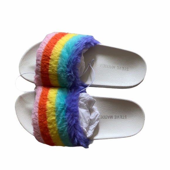 NEW Steve Madden rainbow fuzzy slides /sandals - Picture 7 of 9